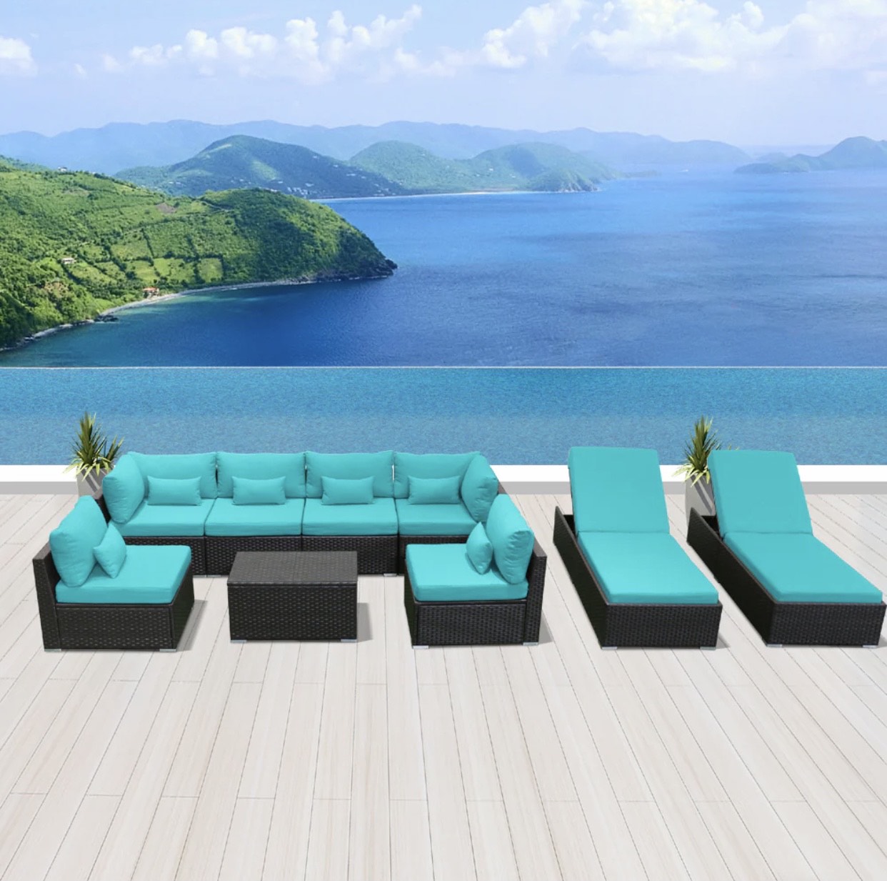 Blue Turquoise Outdoor Modern Patio Wicker Furniture Sofa Set Laguna Beach 9 Piece Nine