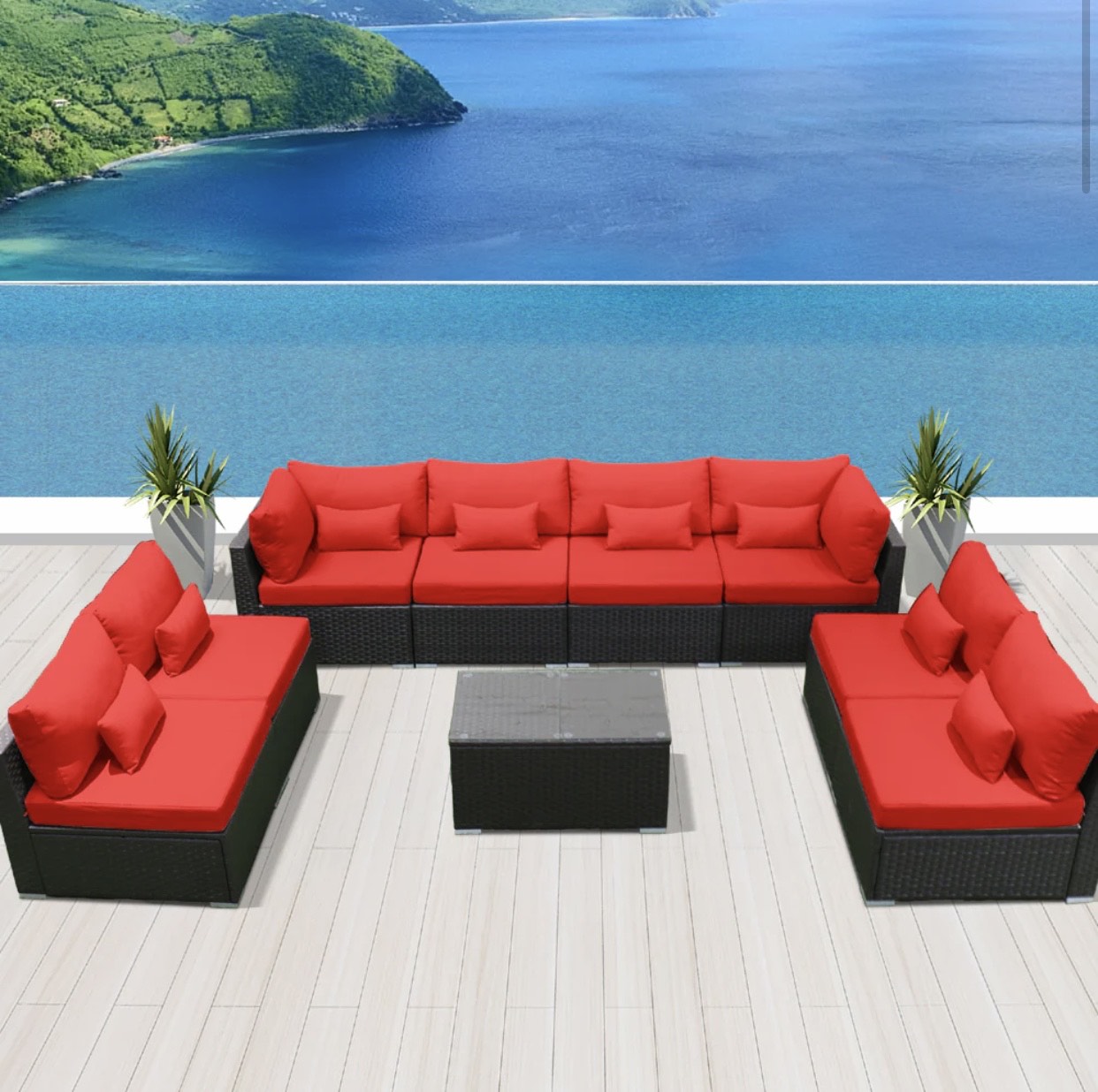 Crimson Red Outdoor Modern Wicker Patio Furniture Sofa Set 9 Piece Nine