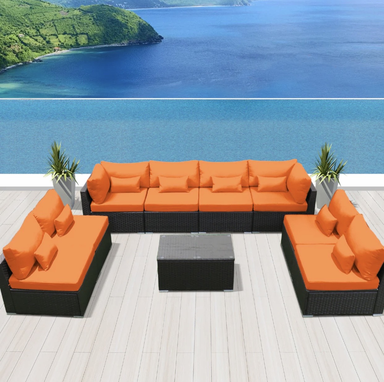 Orange Outdoor Modern Wicker Patio Furniture Sofa Set 9 Piece Nine