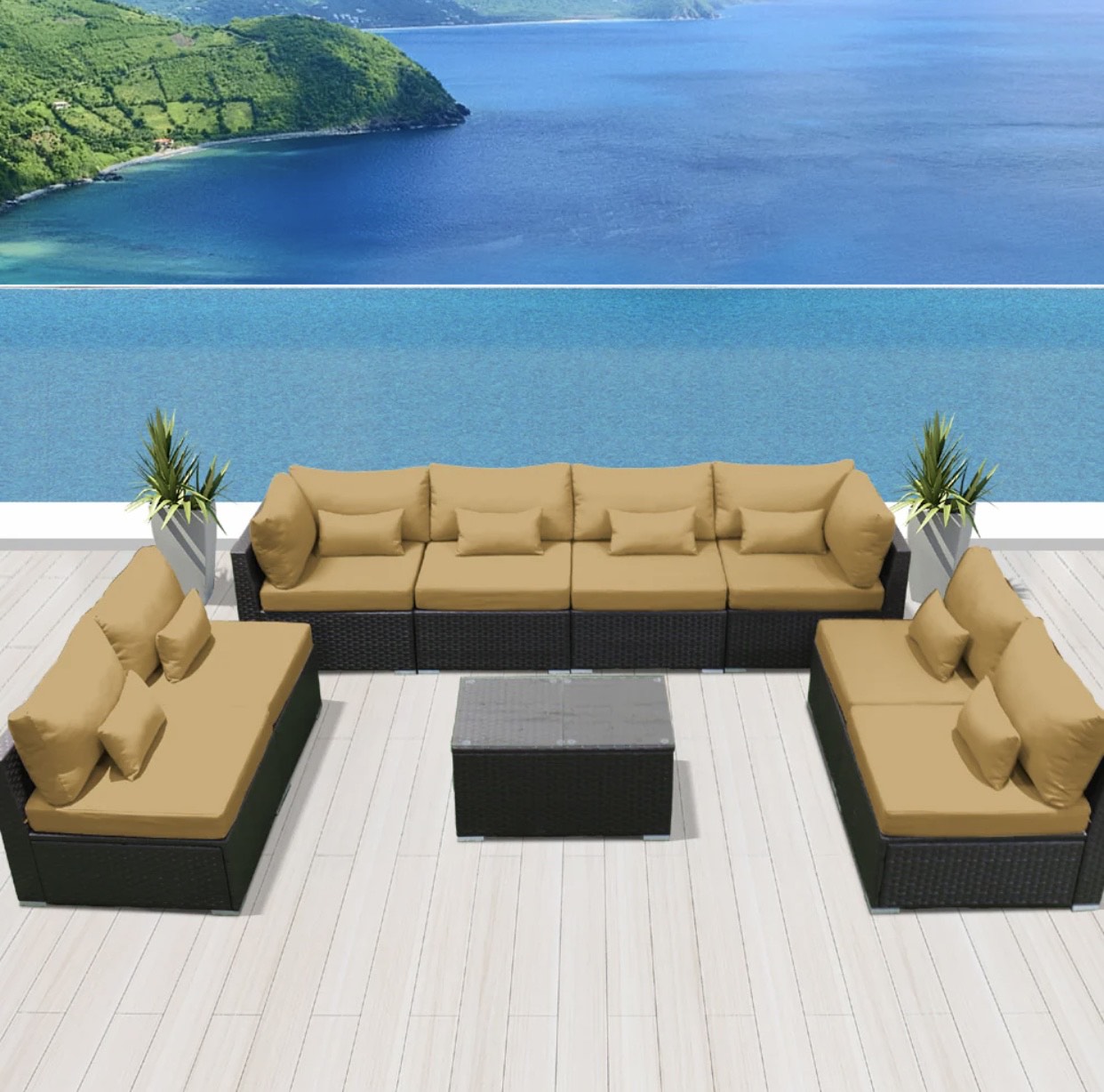 Beige Dark Brown Outdoor Modern Wicker Patio Furniture Sofa Set 9 Piece Nine