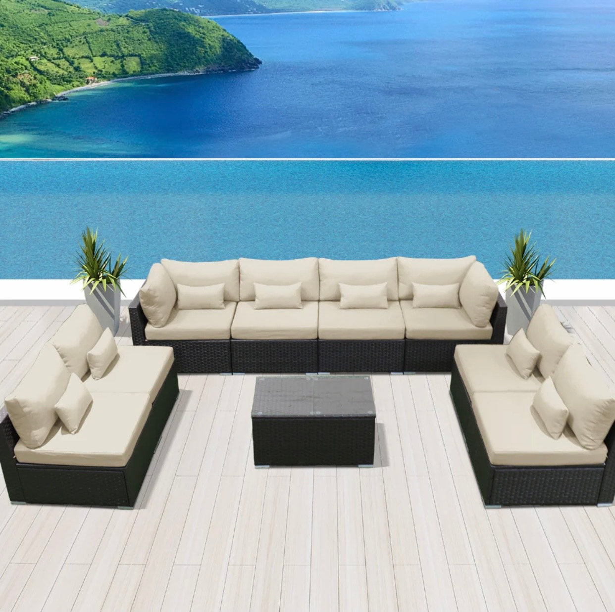 Khaki Light Beige Outdoor Modern Wicker Patio Furniture Sofa Set 9 Piece Nine
