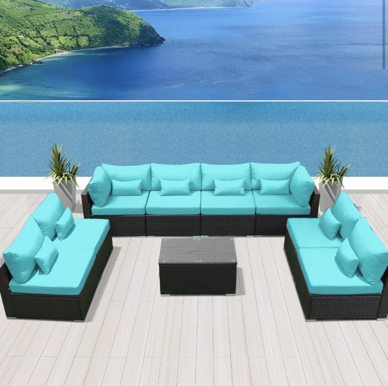 Blue Turquoise Outdoor Modern Wicker Patio Furniture Sofa Set 9 Piece Nine
