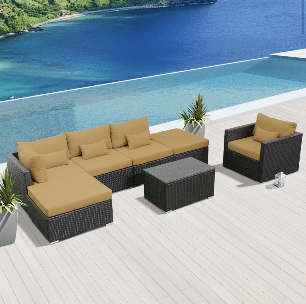 Beige Dark Brown Outdoor Wicker Patio Furniture Sofa Set 7 Seven Piece