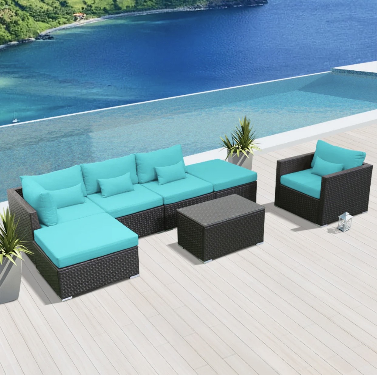 Blue Turquoise Outdoor Wicker Patio Furniture Sofa Set 7 Seven Piece
