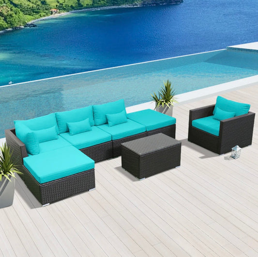 Blue Turquoise Outdoor Wicker Patio Furniture Sofa Set 7 Seven Piece