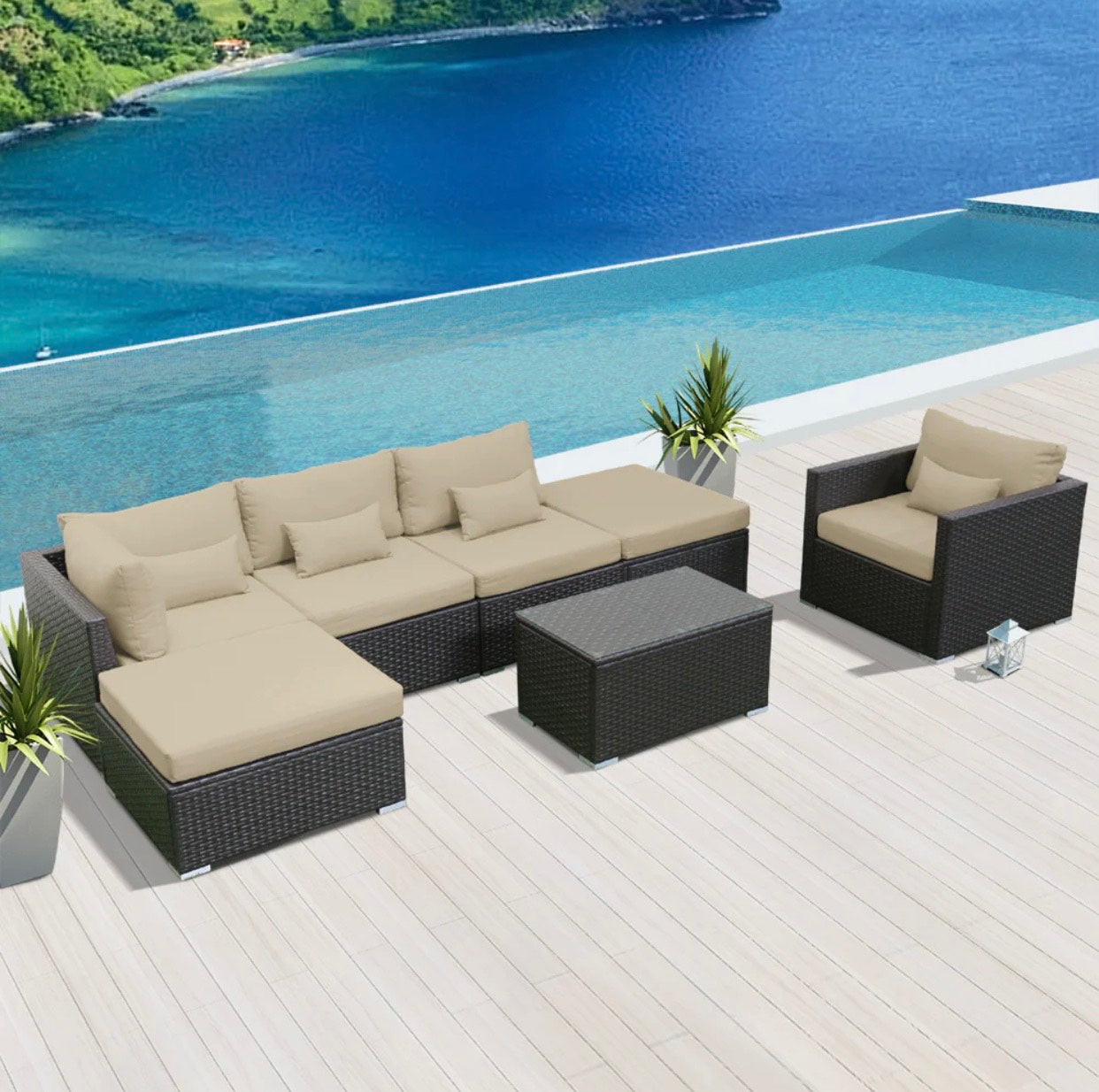Khaki Light Beige Outdoor Wicker Patio Furniture Sofa Set 7 Seven Piece