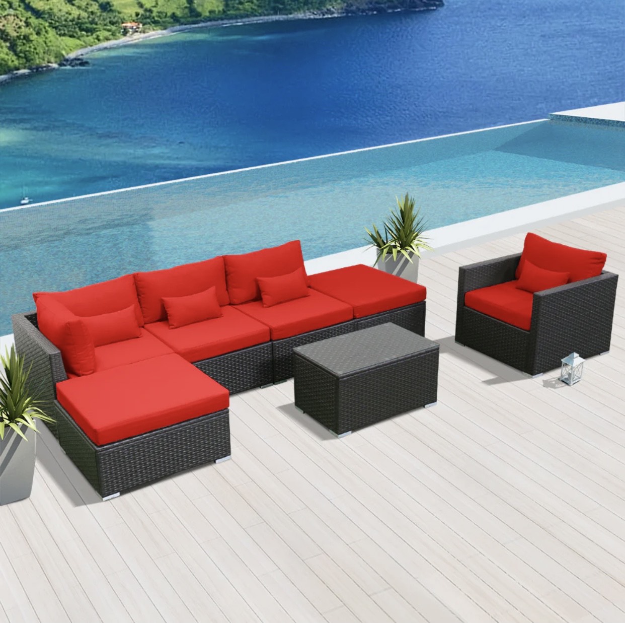Crimson Red Outdoor Wicker Patio Furniture Sofa Set 7 Seven Piece
