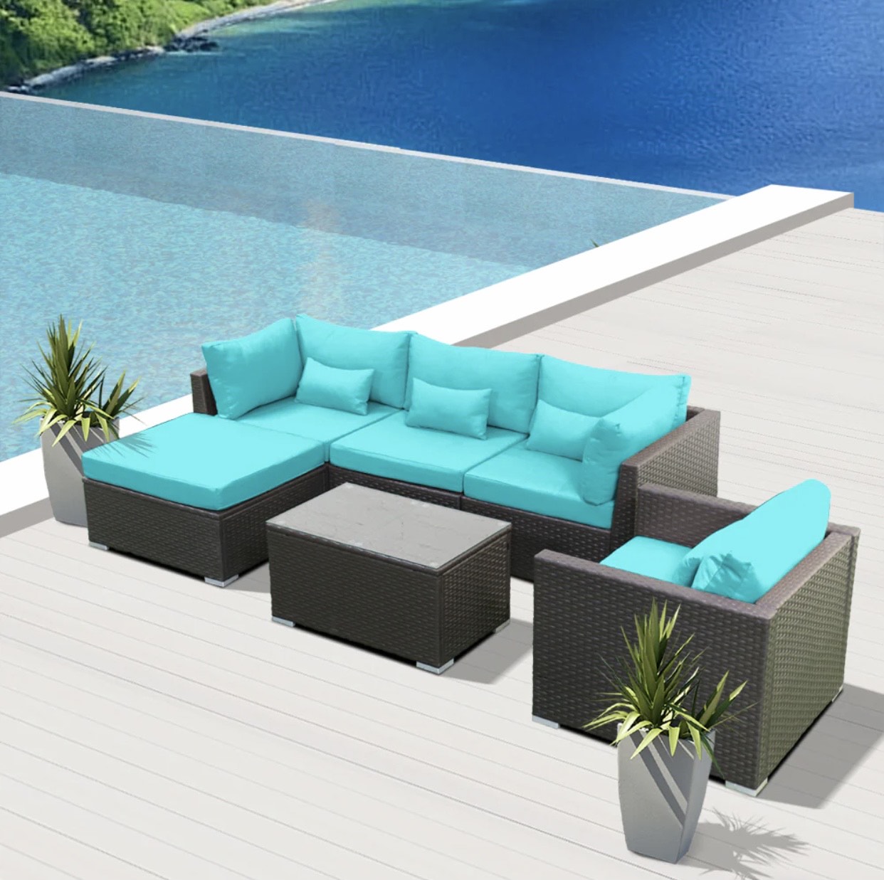 Blue Turquoise Outdoor Modern Wicker Patio Furniture Sofa Set 6 Piece Six