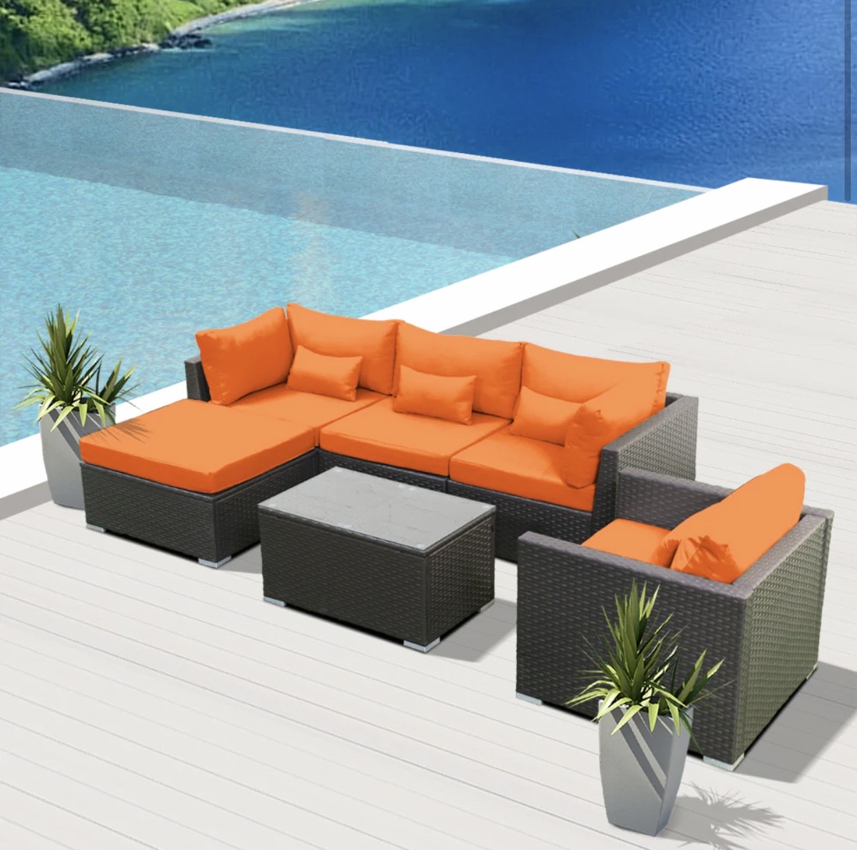 Orange Outdoor Modern Wicker Patio Furniture Sofa Set 6 Piece Six