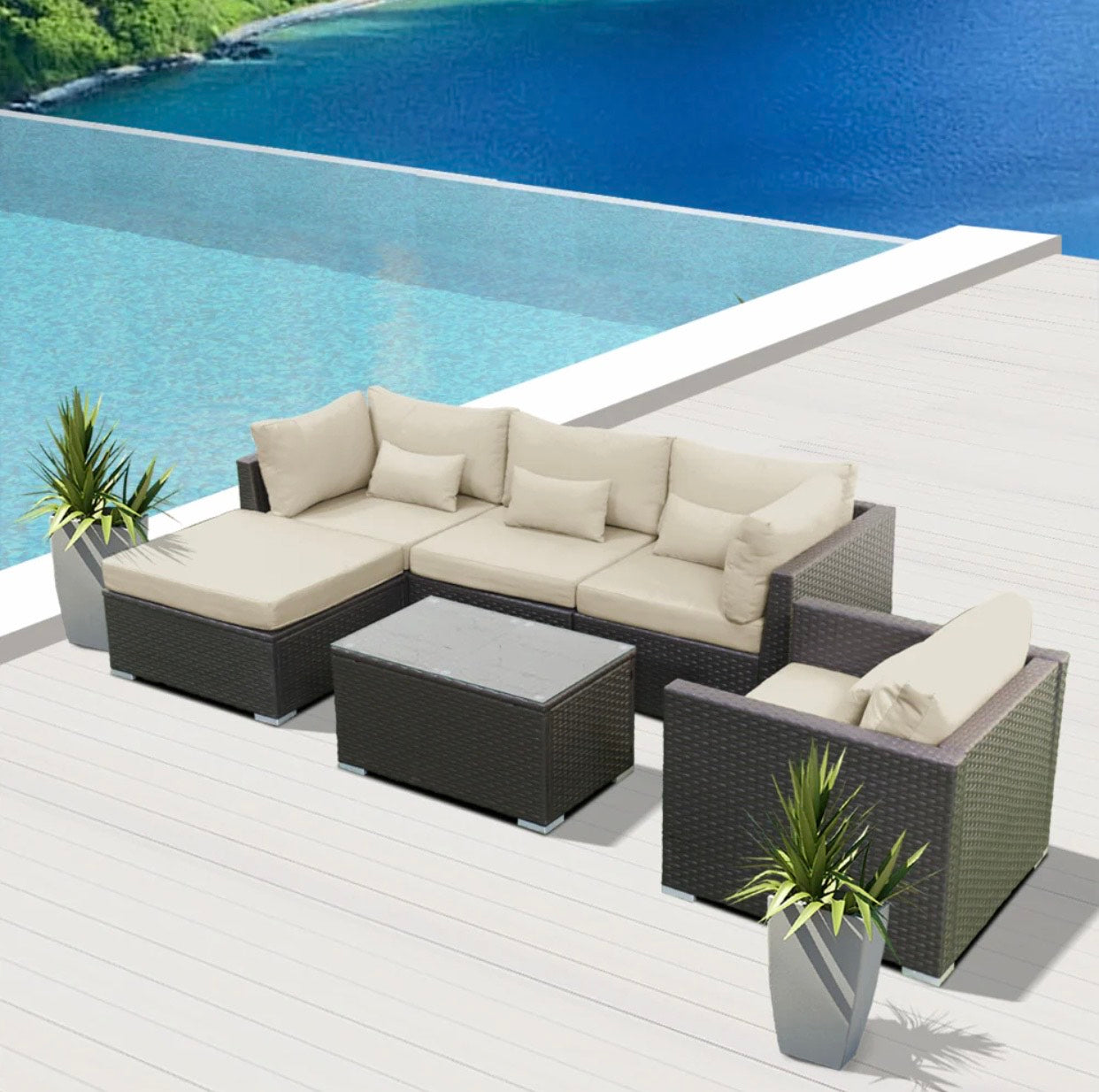 Khaki Light Beige Outdoor Modern Wicker Patio Furniture Sofa Set 6 Piece Six