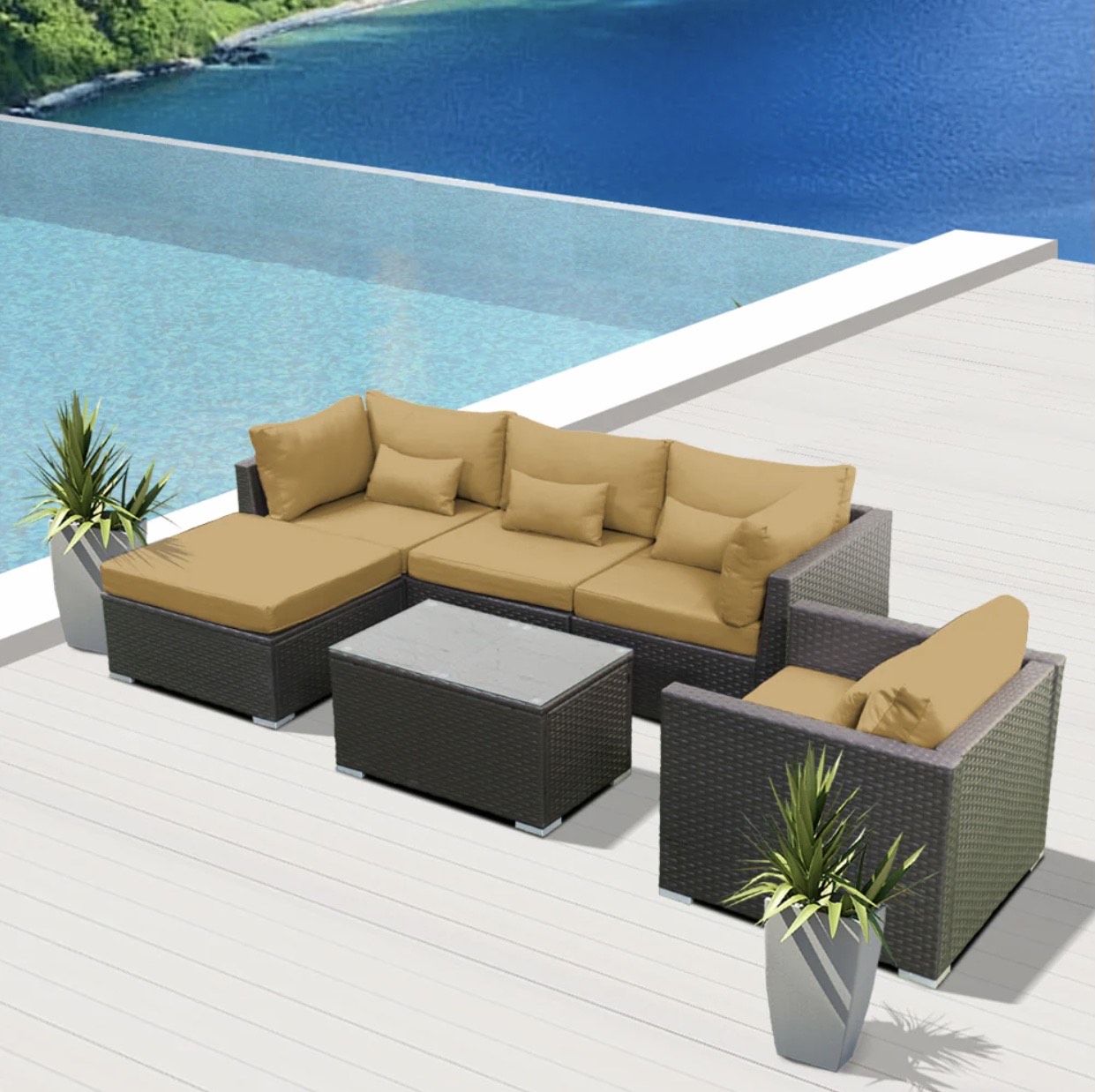 Beige Dark Brown Outdoor Modern Wicker Patio Furniture Sofa Set 6 Piece Six
