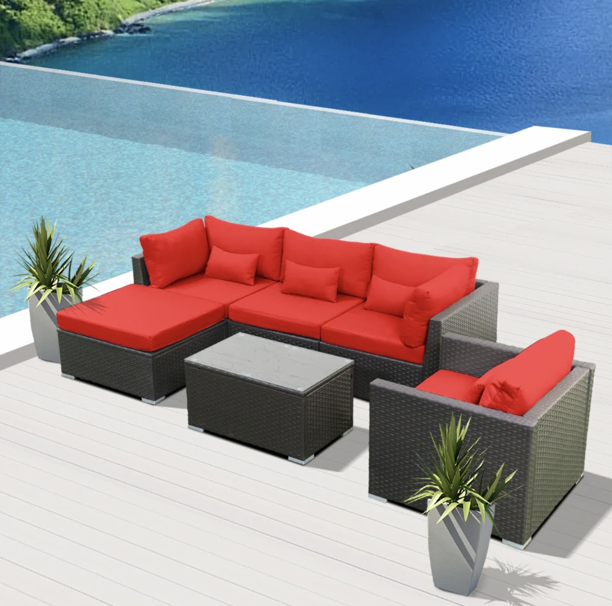 Crimson Red Outdoor Modern Wicker Patio Furniture Sofa Set 6 Piece Six