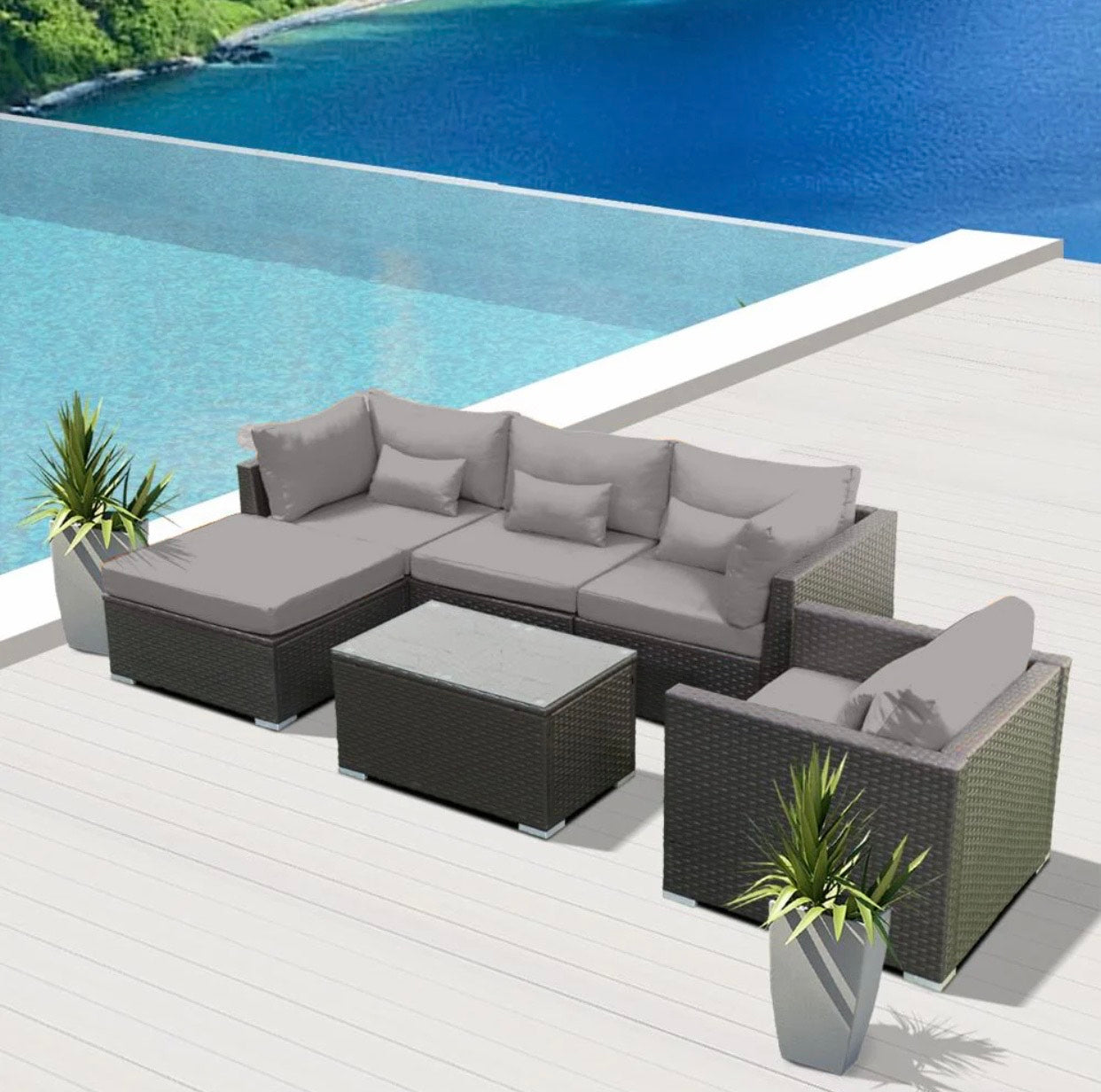 Grey Light Gray Outdoor Modern Wicker Patio Furniture Sofa Set 6 Piece Six