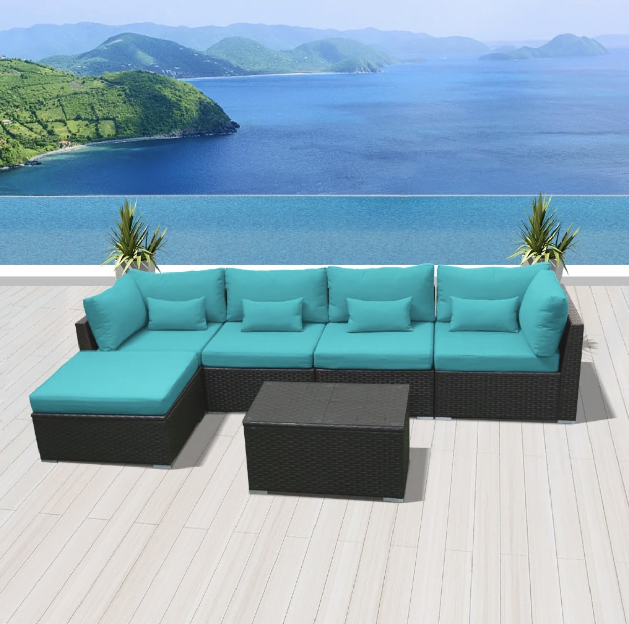 Blue Turquoise Big Modern Wicker Patio Furniture Sofa Set Six Piece 6