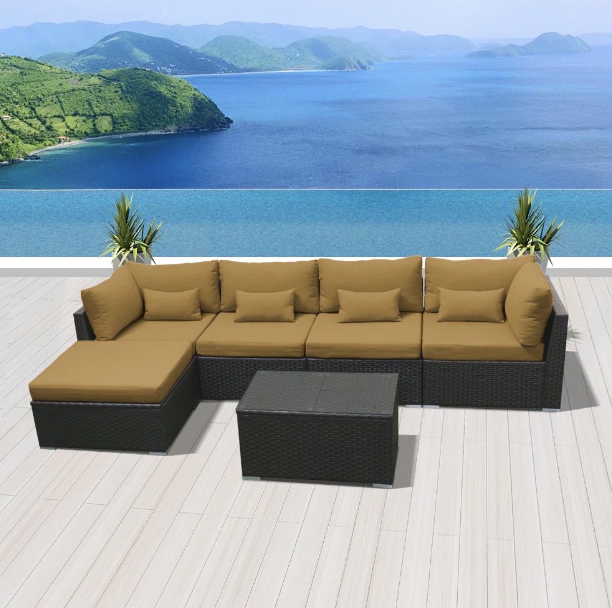 Beige Dark Brown Big Modern Wicker Patio Furniture Sofa Set Six Piece 6