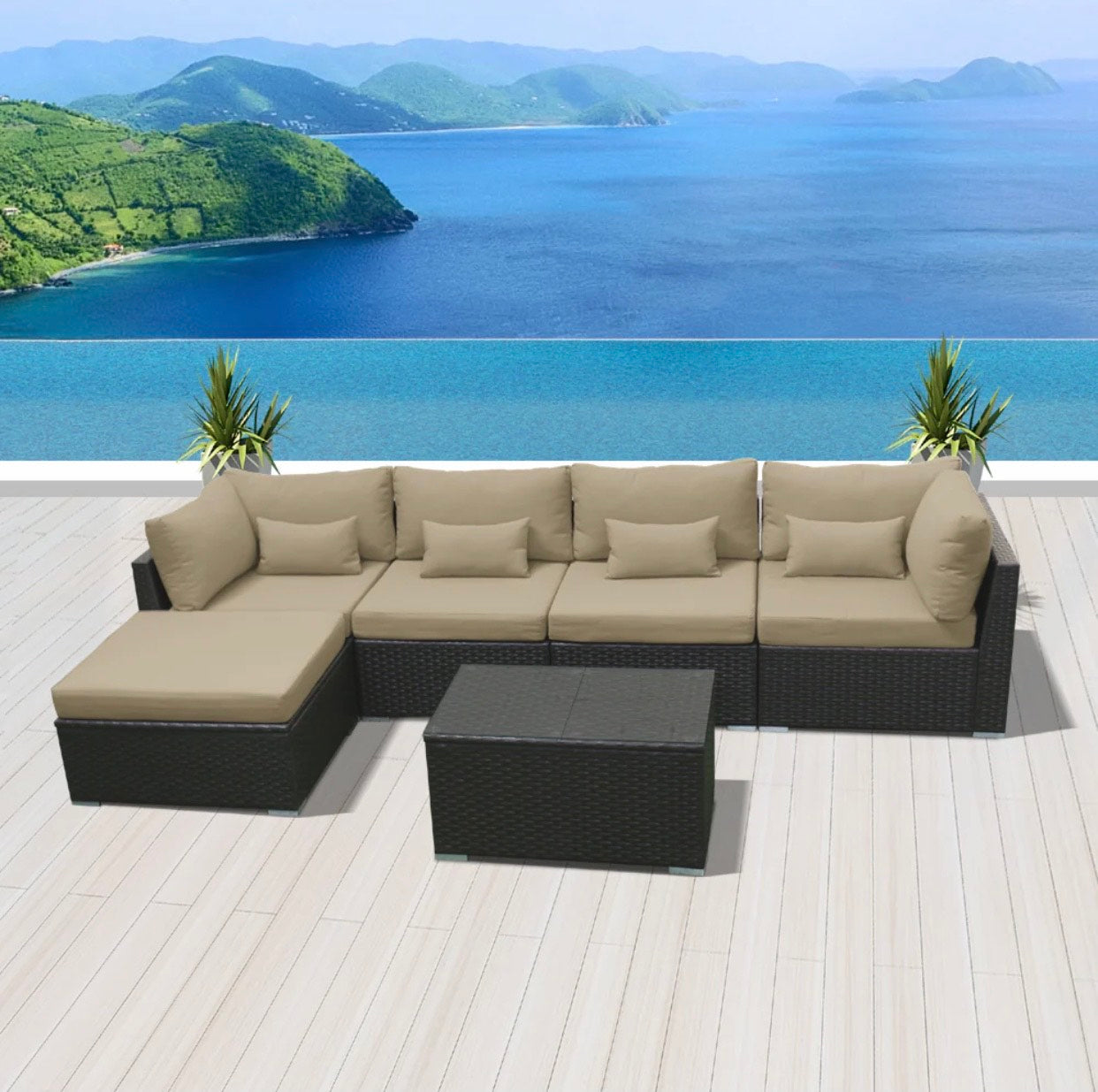 Khaki Light Beige Big Modern Wicker Patio Furniture Sofa Set Six Piece 6