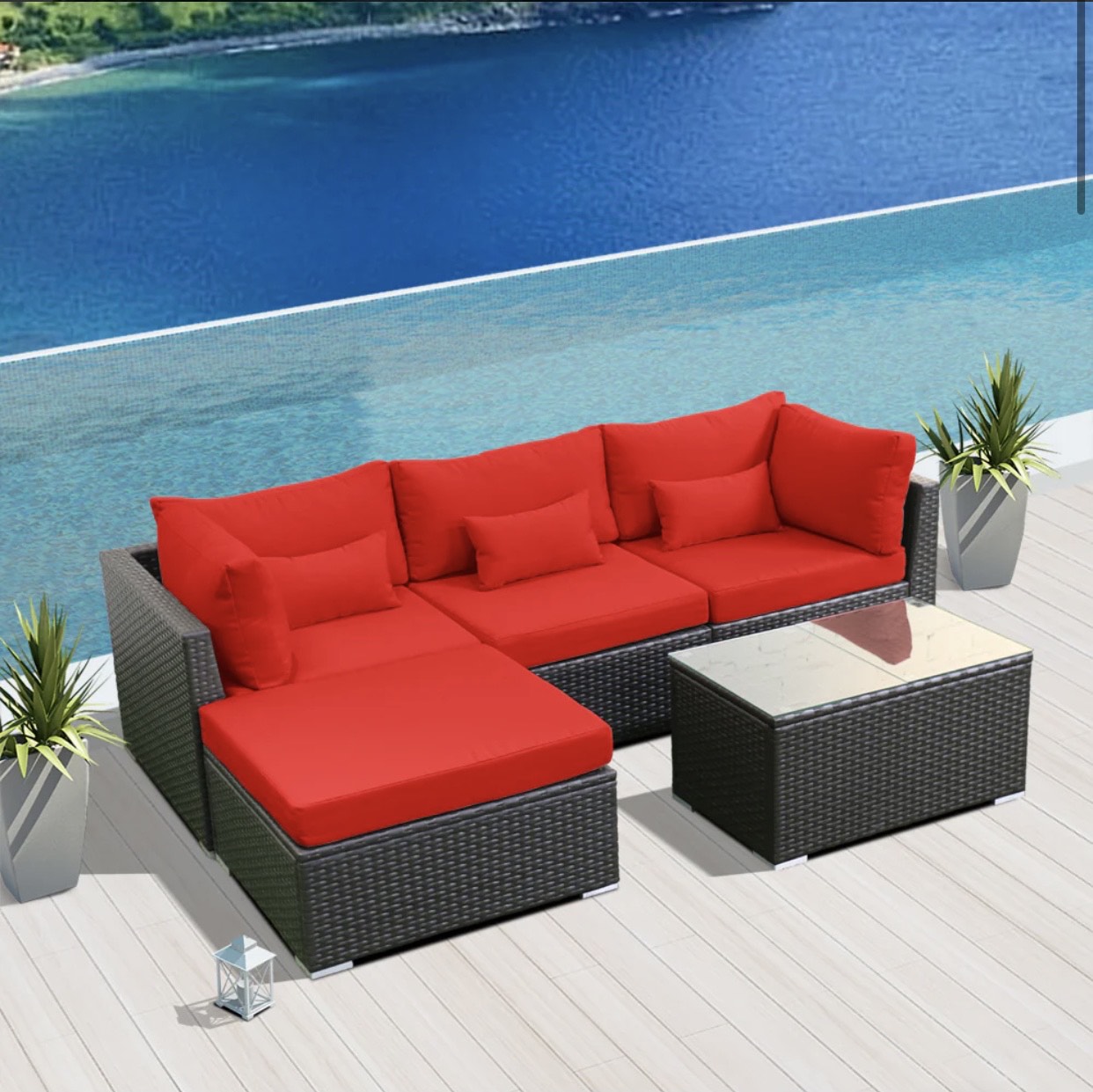 Crimson Red Outdoor Modern Wicker Patio Furniture Sofa Set 5 Five Piece