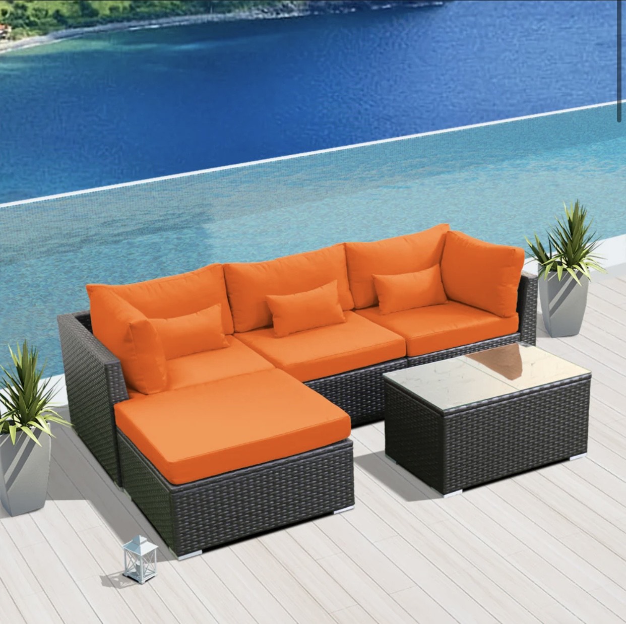 Orange Outdoor Modern Wicker Patio Furniture Sofa Set 5 Five Piece
