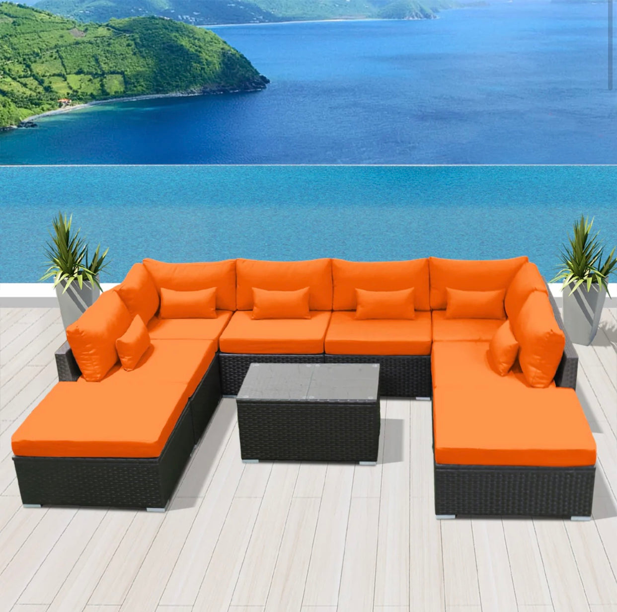 Orange Modern Outdoor Patio Wicker Furniture Sofa Set 9 Piece Nine