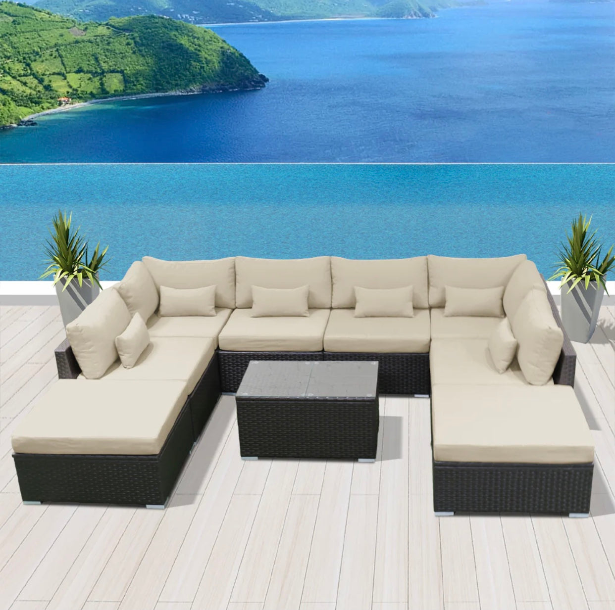 Khaki Light Beige Modern Outdoor Patio Wicker Furniture Sofa Set 9 Piece Nine