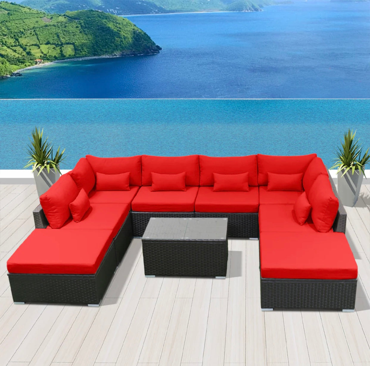 Crimson Red Modern Outdoor Patio Wicker Furniture Sofa Set 9 Piece Nine