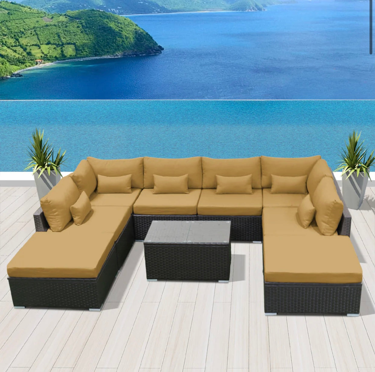 Beige Dark Brown Modern Outdoor Patio Wicker Furniture Sofa Set 9 Piece Nine