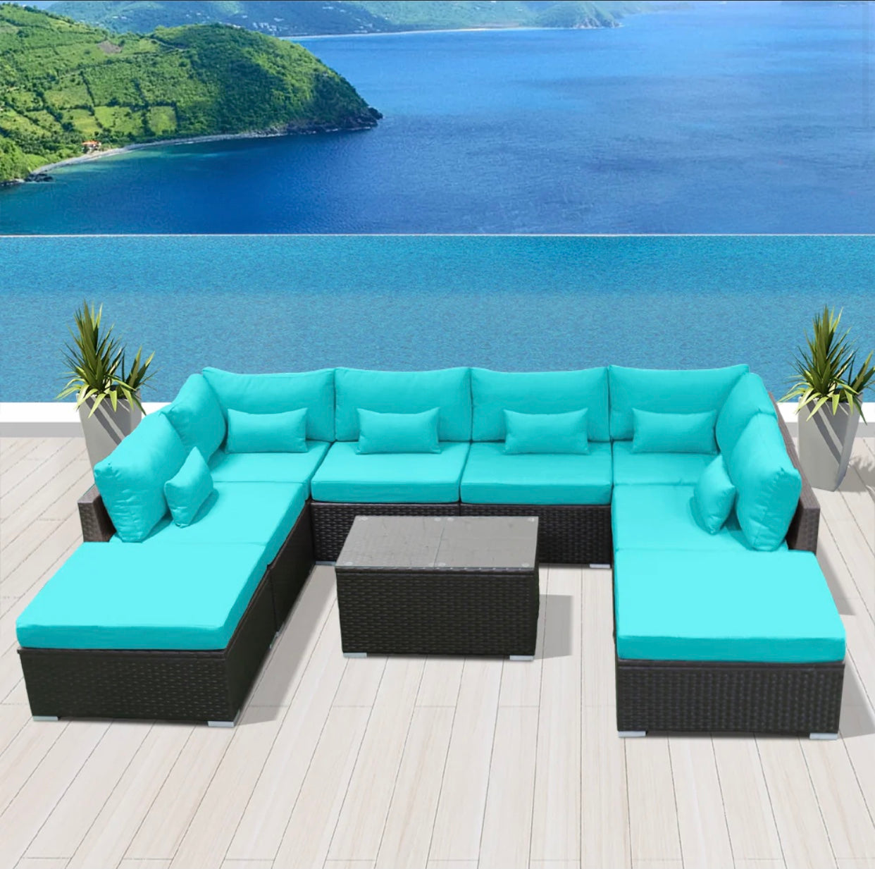 Blue Turquoise Modern Outdoor Patio Wicker Furniture Sofa Set 9 Piece Nine