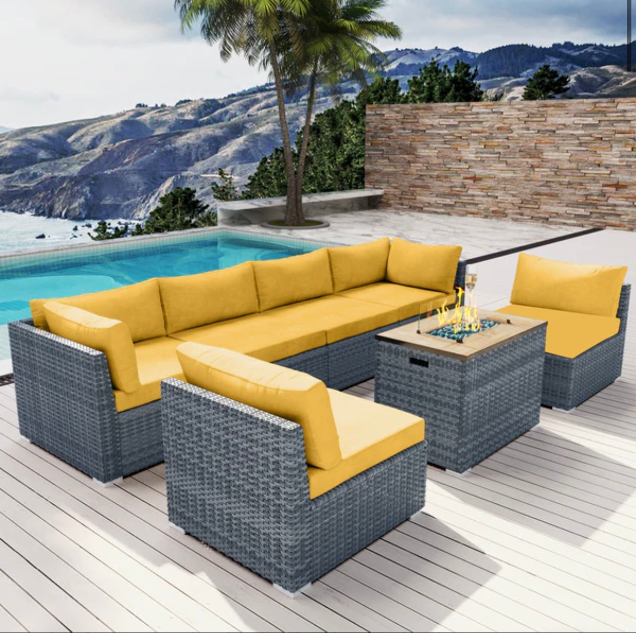 Royal Yellow 7 Seven piece Outdoor Patio Furniture with Propane Fire Pit Gray Wicker Santa Monica Beach