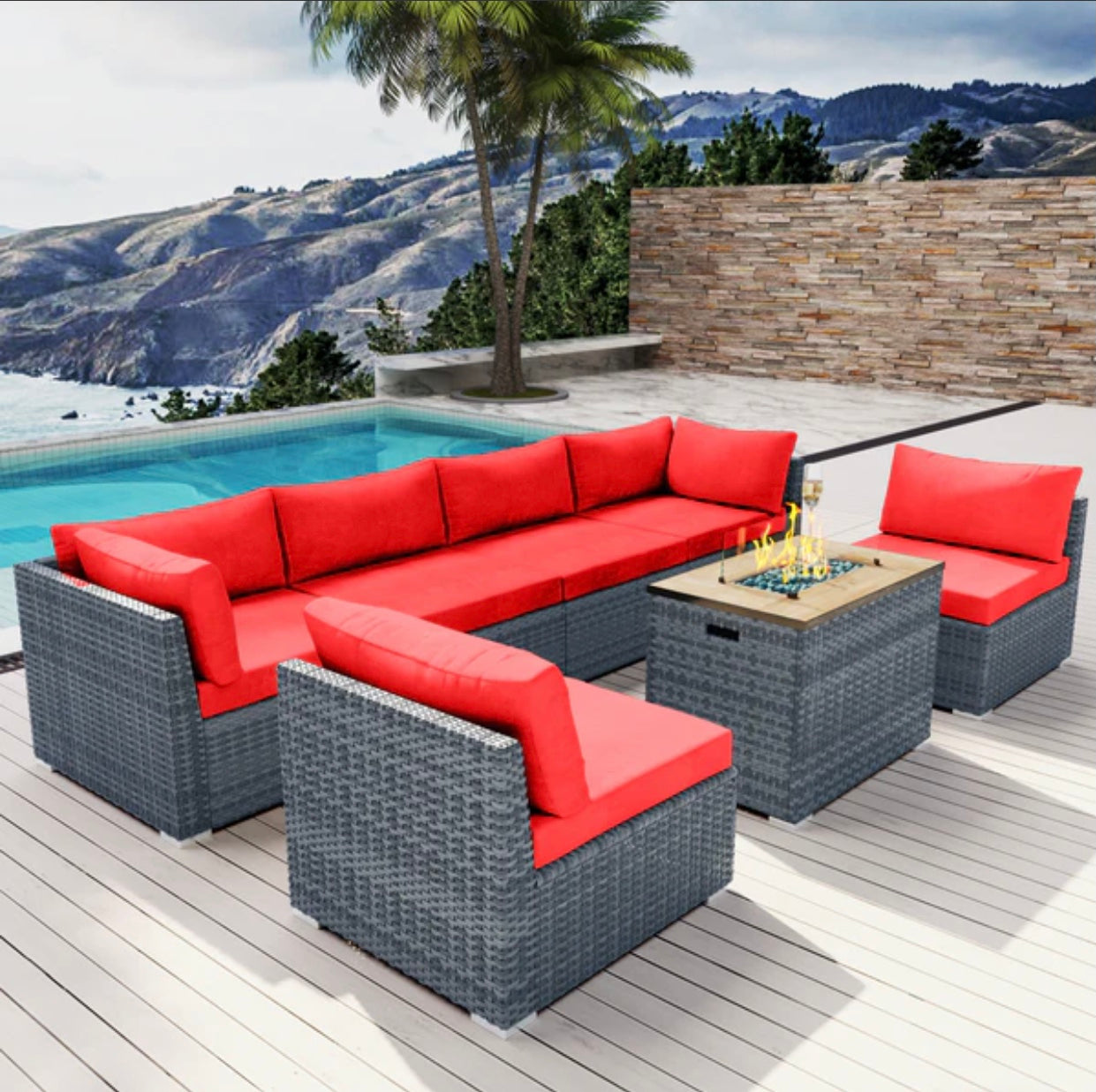 Crimson Red 7 Seven piece Outdoor Patio Furniture with Propane Fire Pit Gray Wicker Santa Monica Beach