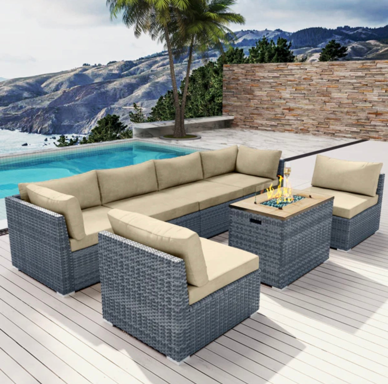 Khaki Light Beige 7 Seven piece Outdoor Patio Furniture with Propane Fire Pit Gray Wicker Santa Monica Beach