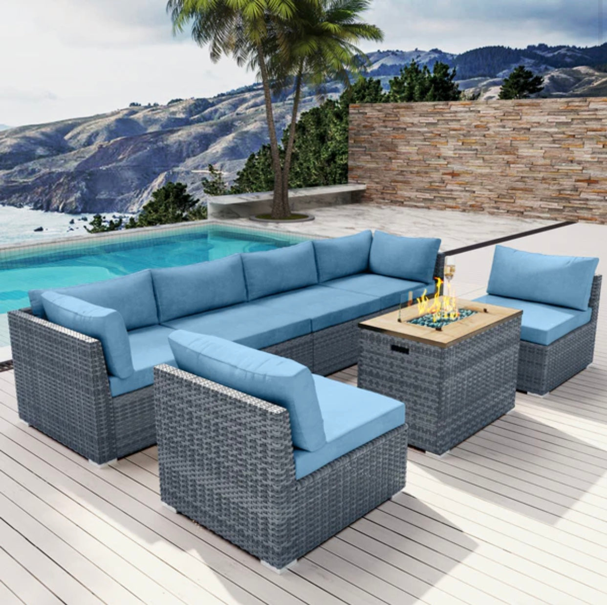 Blue 7 Seven piece Outdoor Patio Furniture with Propane Fire Pit Gray Wicker Santa Monica Beach
