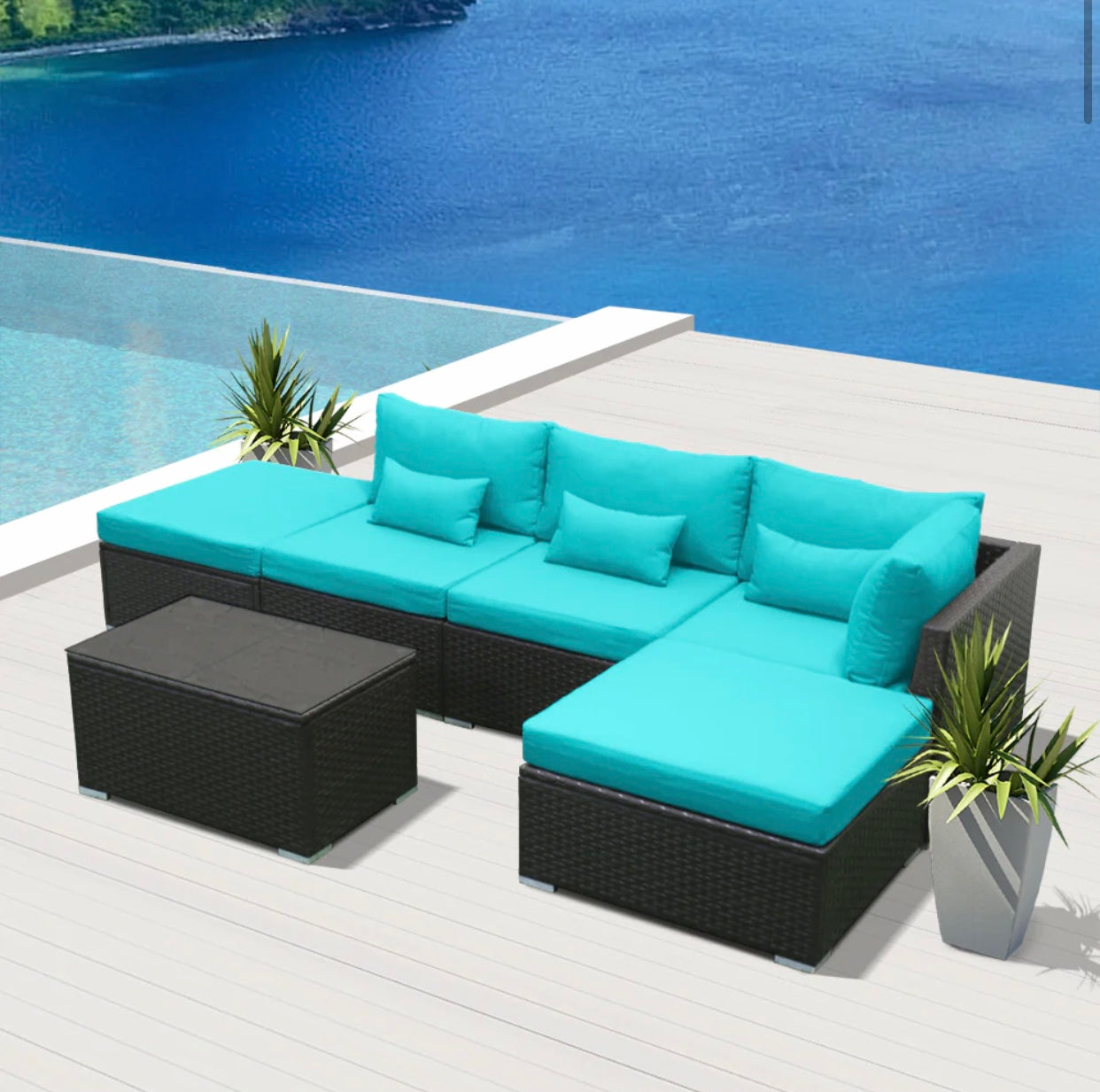 Blue Turquoise Rattan Outdoor Garden Furniture Sets in 6 Pieces Six