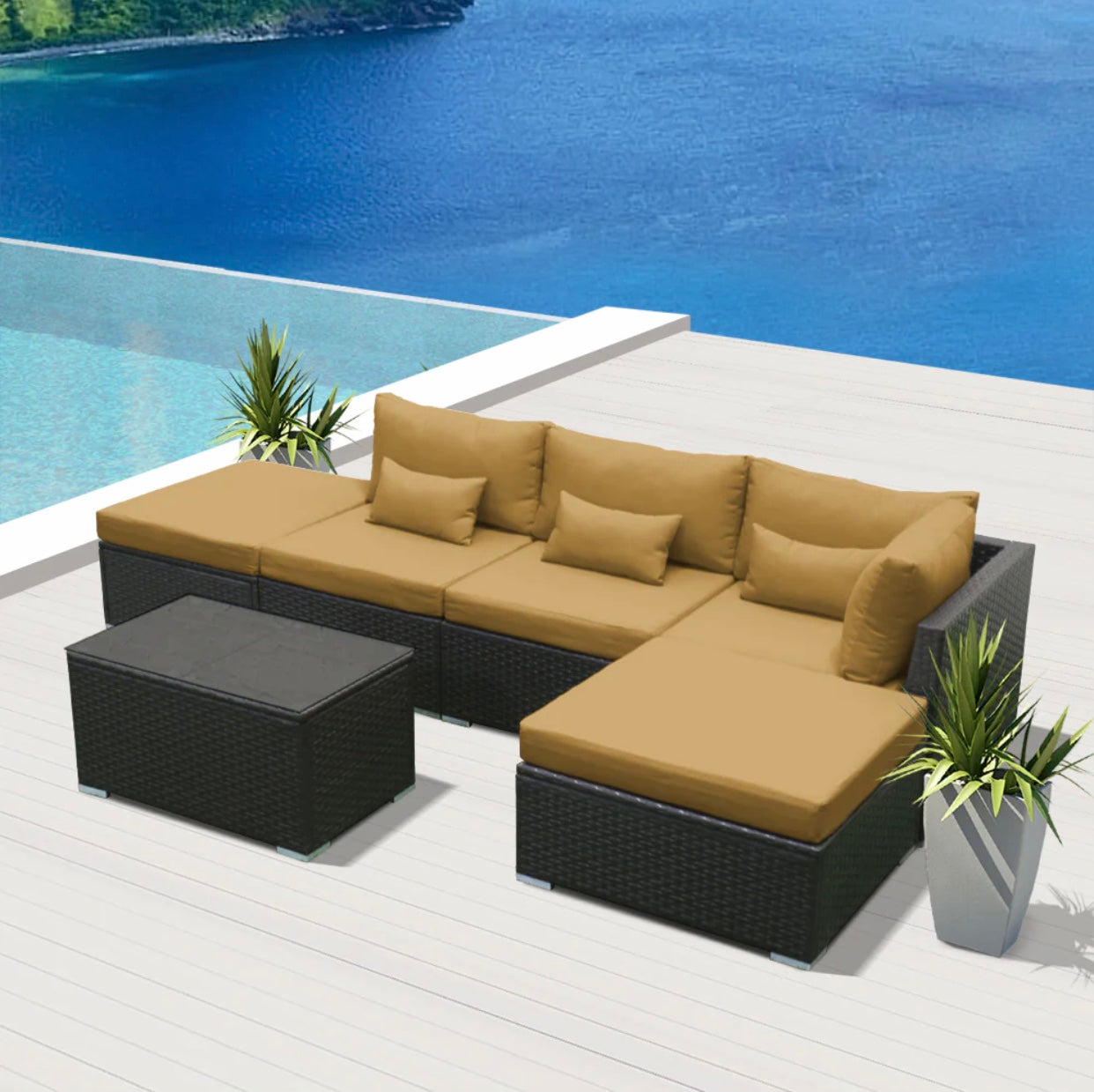 Beige Dark Brown Rattan Outdoor Garden Furniture Sets in 6 Pieces Six