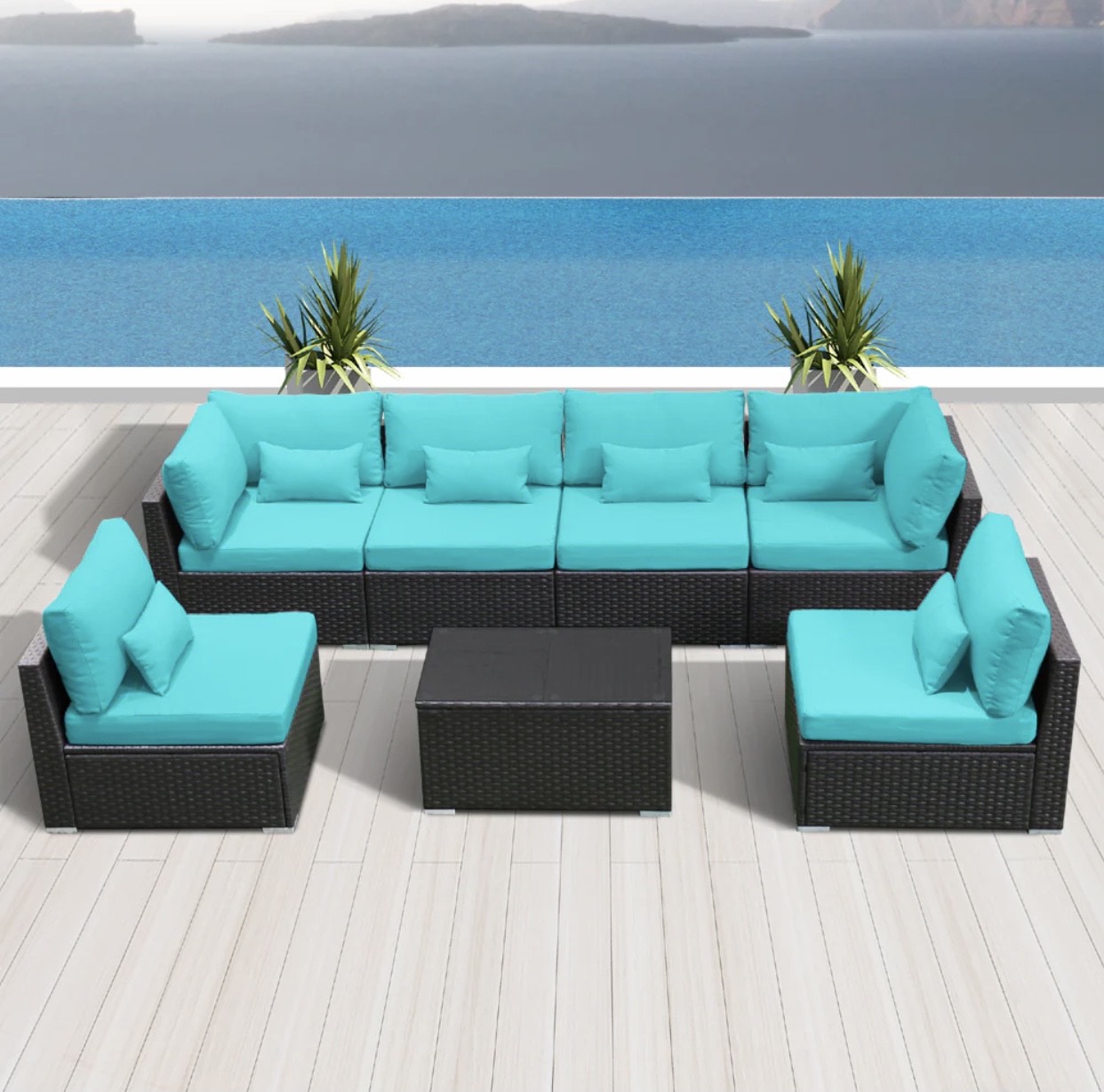 Blue Turquoise Outdoor Wicker Furniture (Espresso Brown) El Segundo 7 Piece Seven