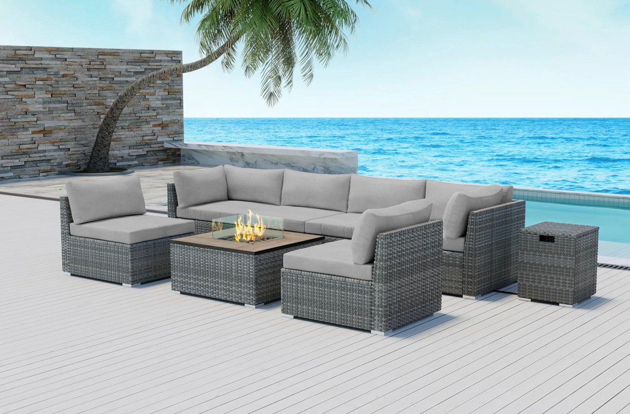 Grey Light Gray Outdoor Sectional with Square Fire Pit Huntington Beach 8 pcs  Eight Piece