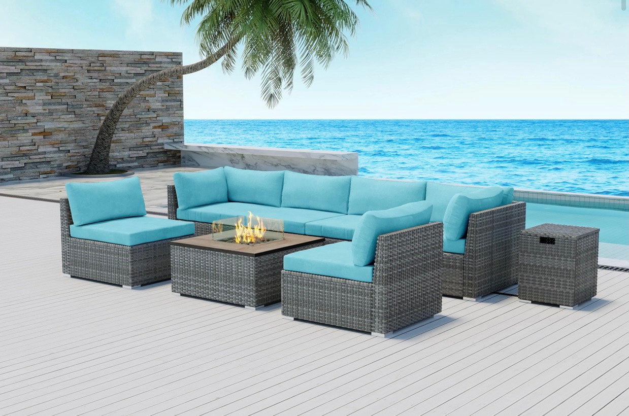 Blue Turquoise Outdoor Sectional with Square Fire Pit Huntington Beach 8 pcs  Eight Piece