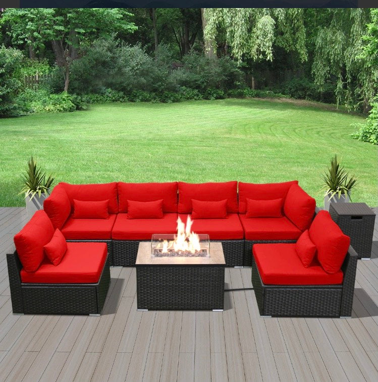 Crimson Red Modern Wicker Patio Furniture Sofa Set 7 Piece Seven