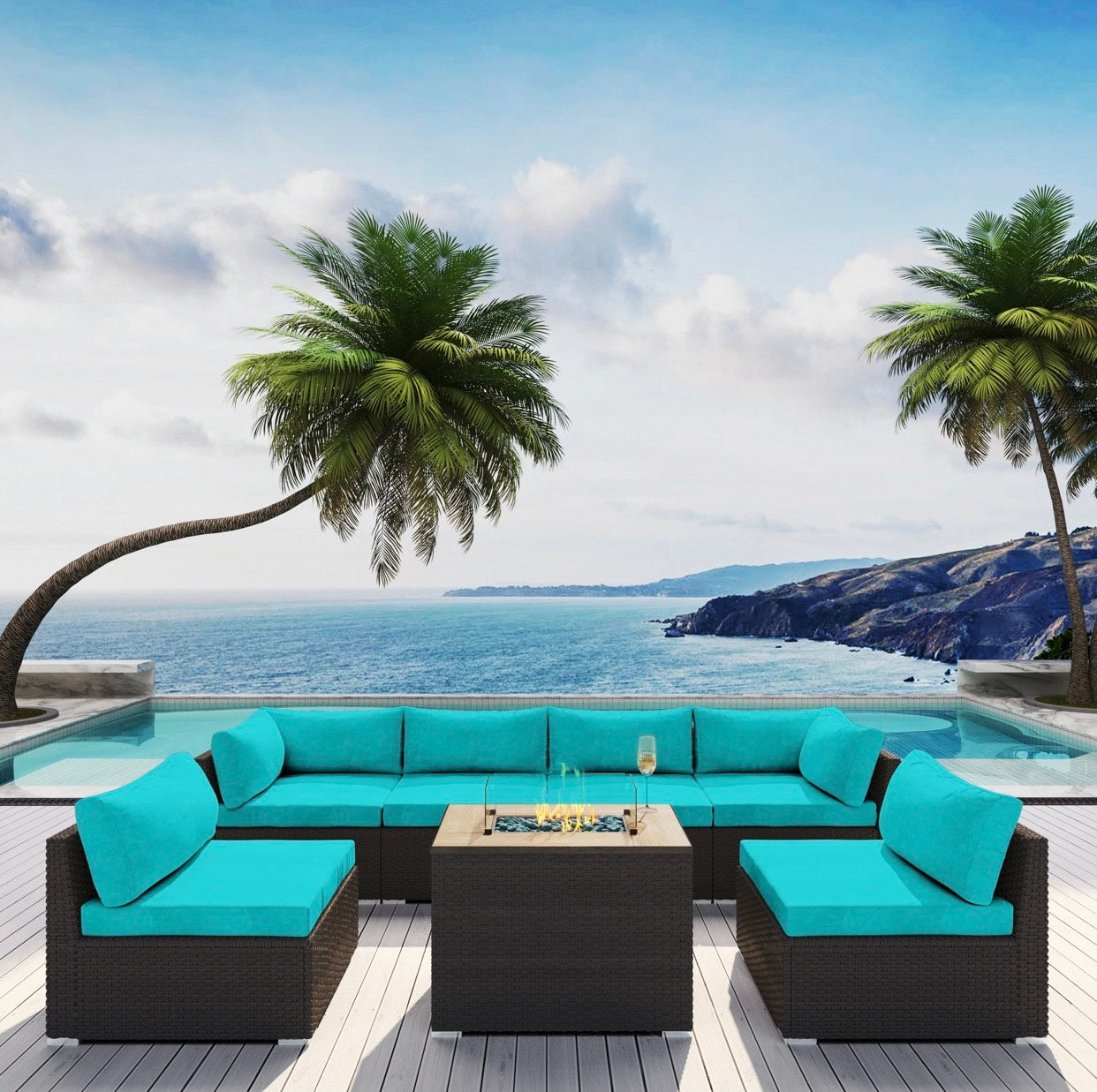 Blue Turquoise Big Espresso Brown Hermosa Outdoor Furniture Hermosa Beach 7 Piece Seven