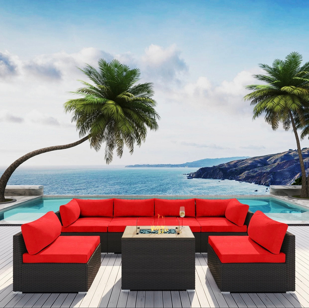 Crimson Red Big Espresso Brown Hermosa Outdoor Furniture Hermosa Beach 7 Piece Seven