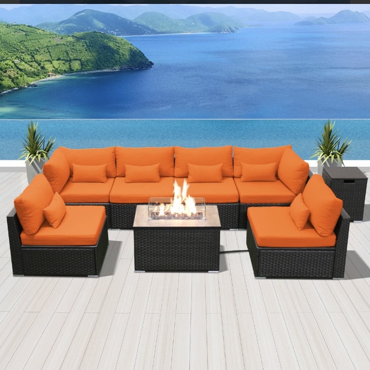 Orange Modern Wicker Patio Furniture Sofa Set 7 Piece Seven