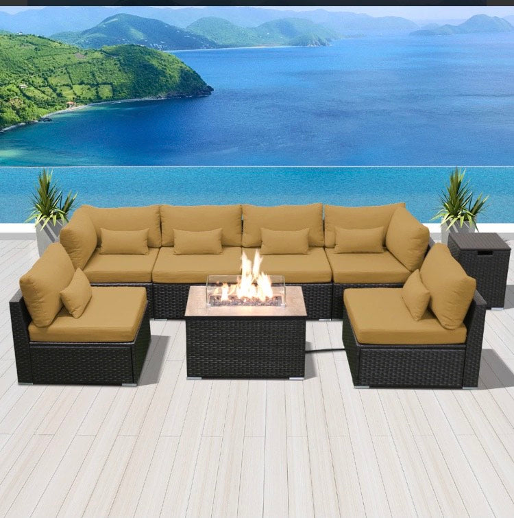 Beige Dark Brown Modern Wicker Patio Furniture Sofa Set 7 Piece Seven