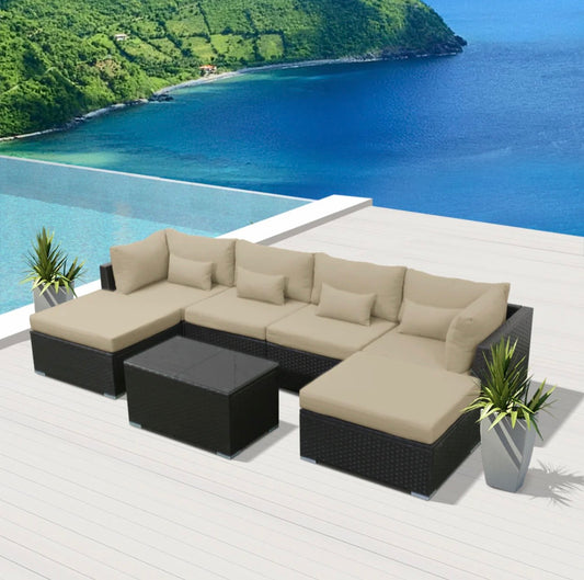 Khaki Light Beige Outdoor Modern Patio Furniture Long Beach 7 Piece Seven