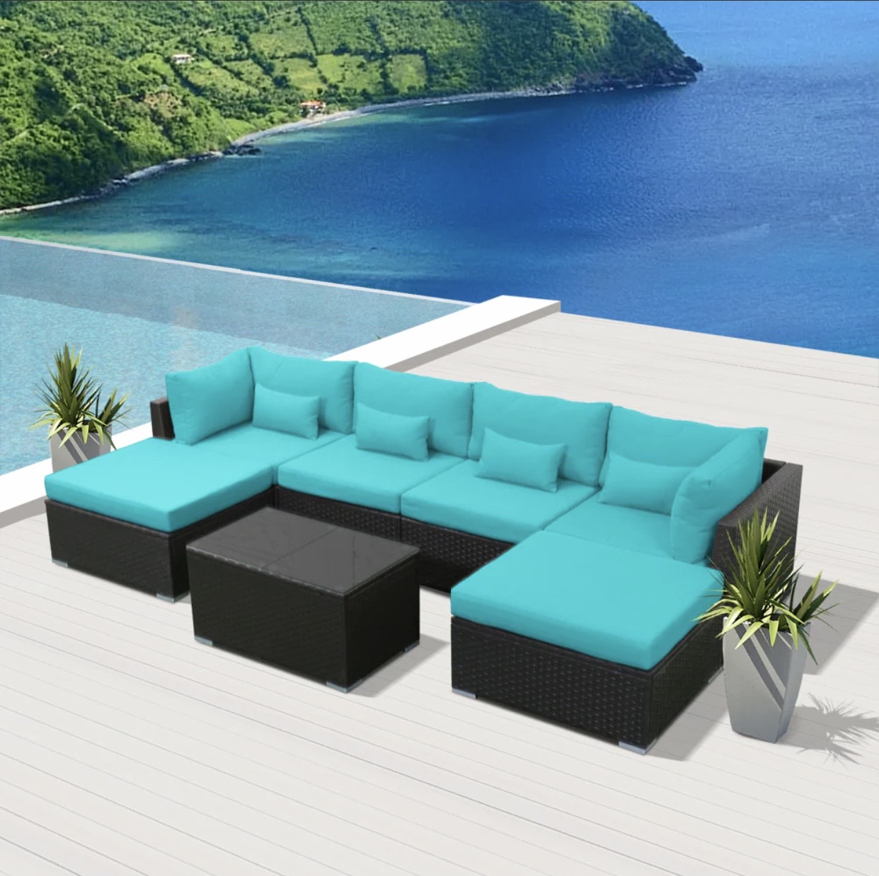 Blue Turquoise Outdoor Modern Patio Furniture Long Beach 7 Piece Seven