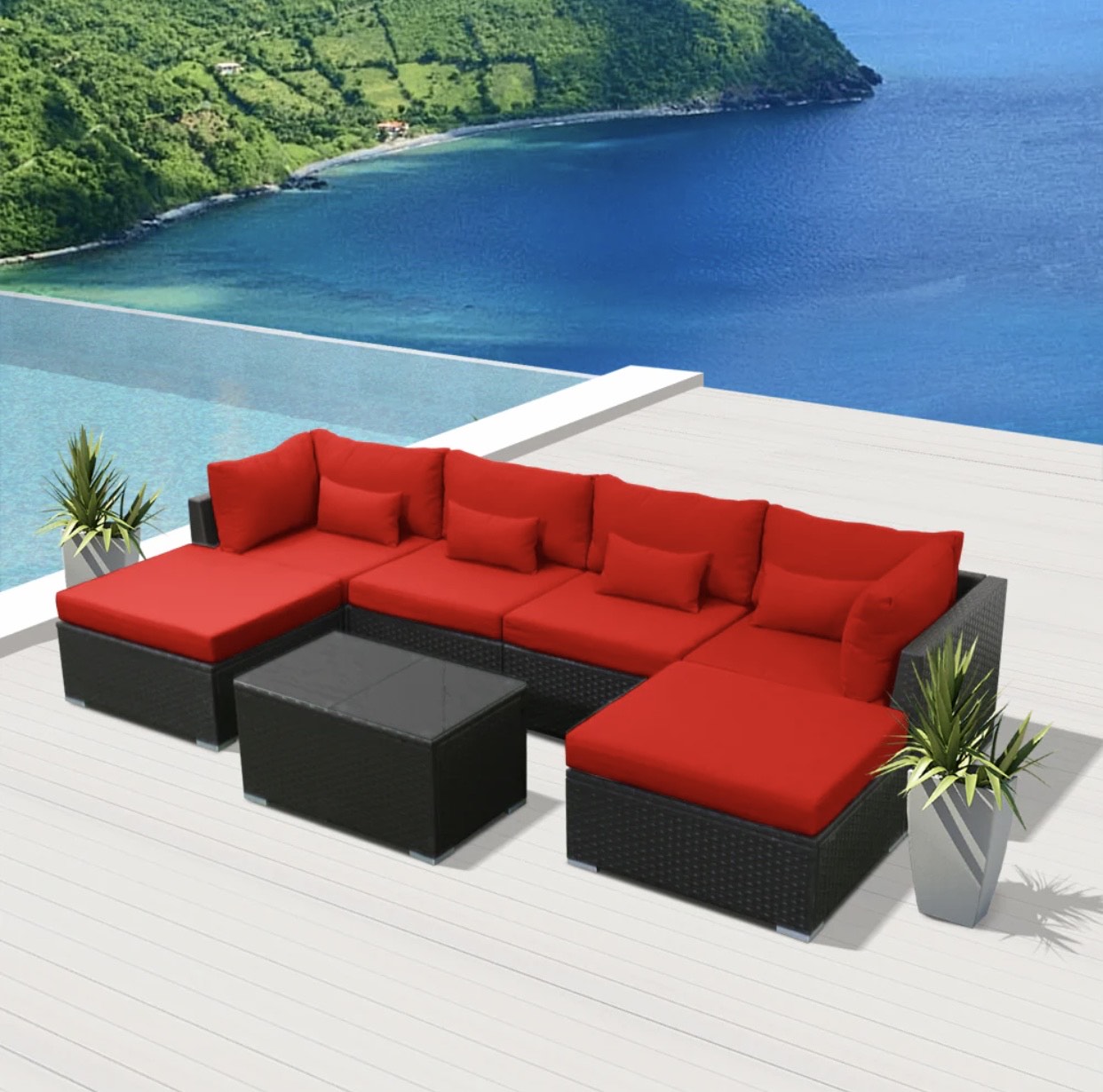 Crimson Red Outdoor Modern Patio Furniture Long Beach 7 Piece Seven