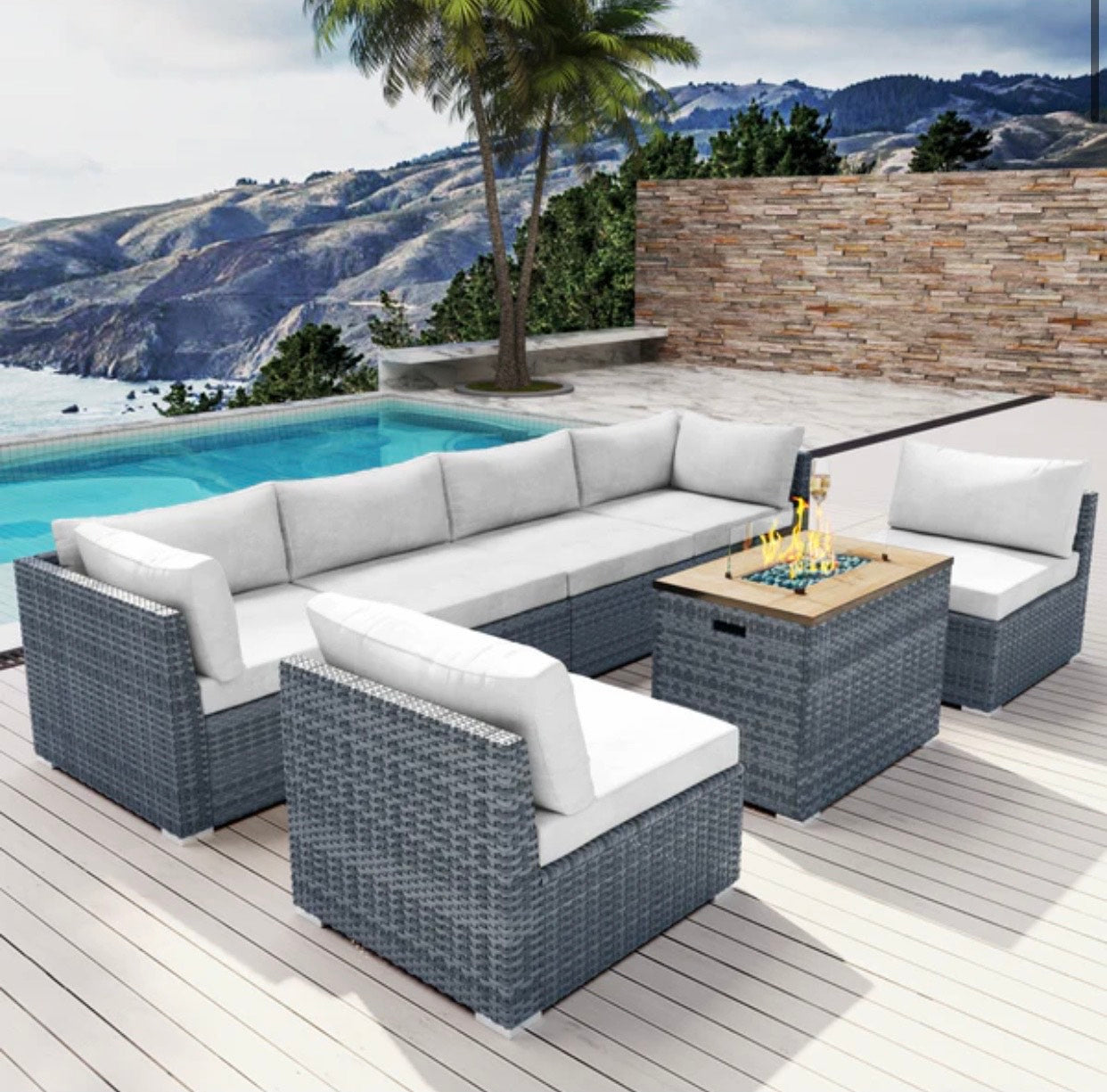 White 7 Seven piece Outdoor Patio Furniture with Propane Fire Pit Gray Wicker Santa Monica Beach