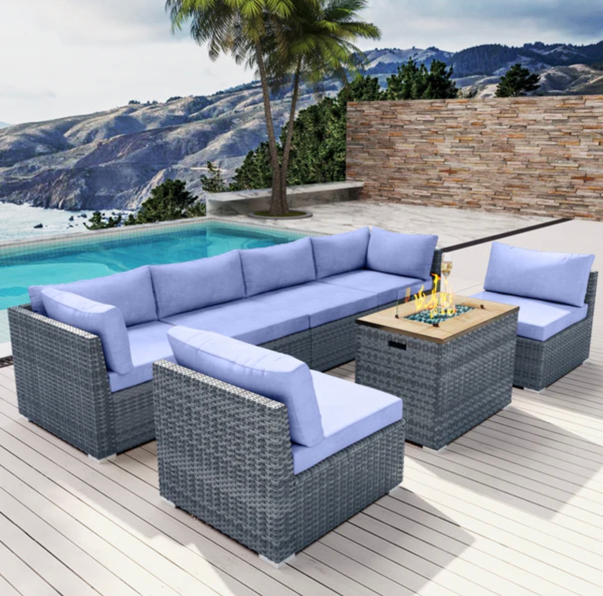 Lavender 7 Seven piece Outdoor Patio Furniture with Propane Fire Pit Gray Wicker Santa Monica Beach