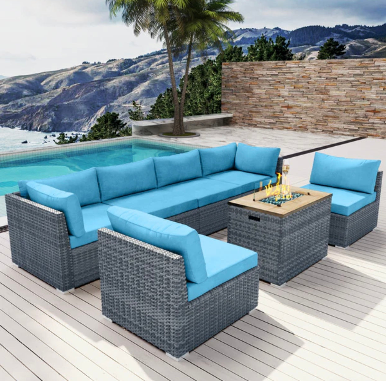 Sky Blue 7 Seven piece Outdoor Patio Furniture with Propane Fire Pit Gray Wicker Santa Monica Beach