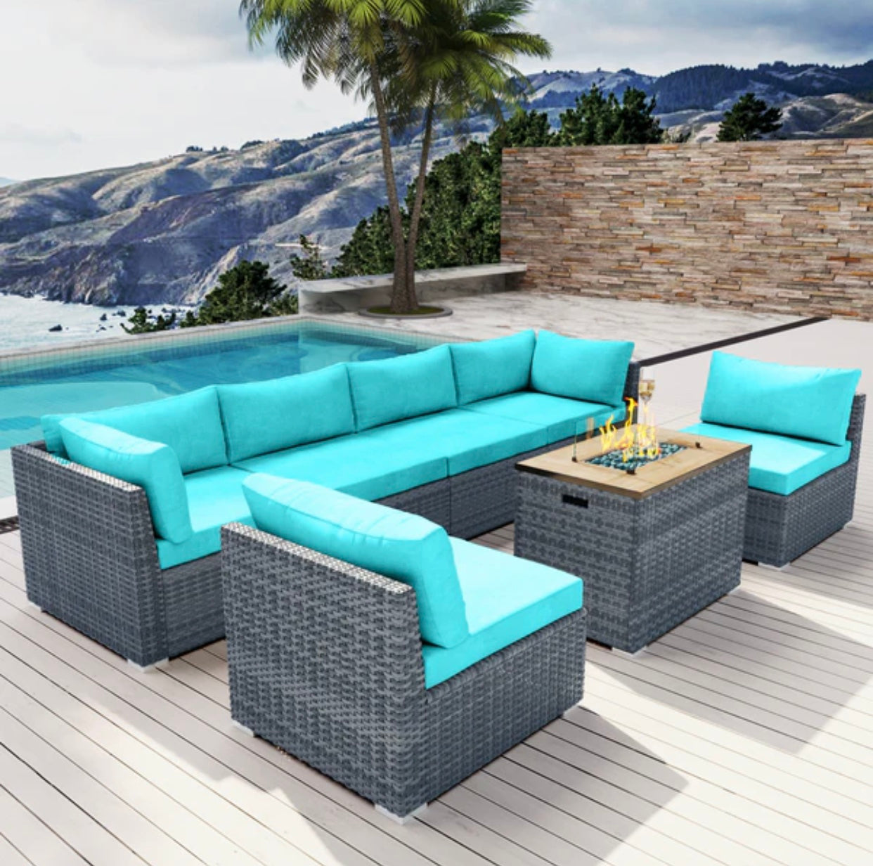 Blue Turquoise 7 Seven piece Outdoor Patio Furniture with Propane Fire Pit Gray Wicker Santa Monica Beach