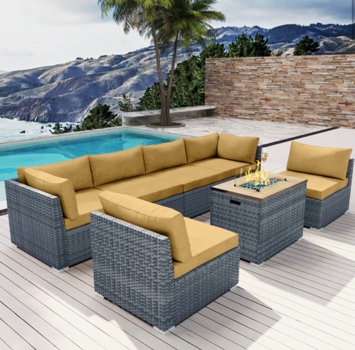 Beige Dark Brown 7 Seven piece Outdoor Patio Furniture with Propane Fire Pit Gray Wicker Santa Monica Beach