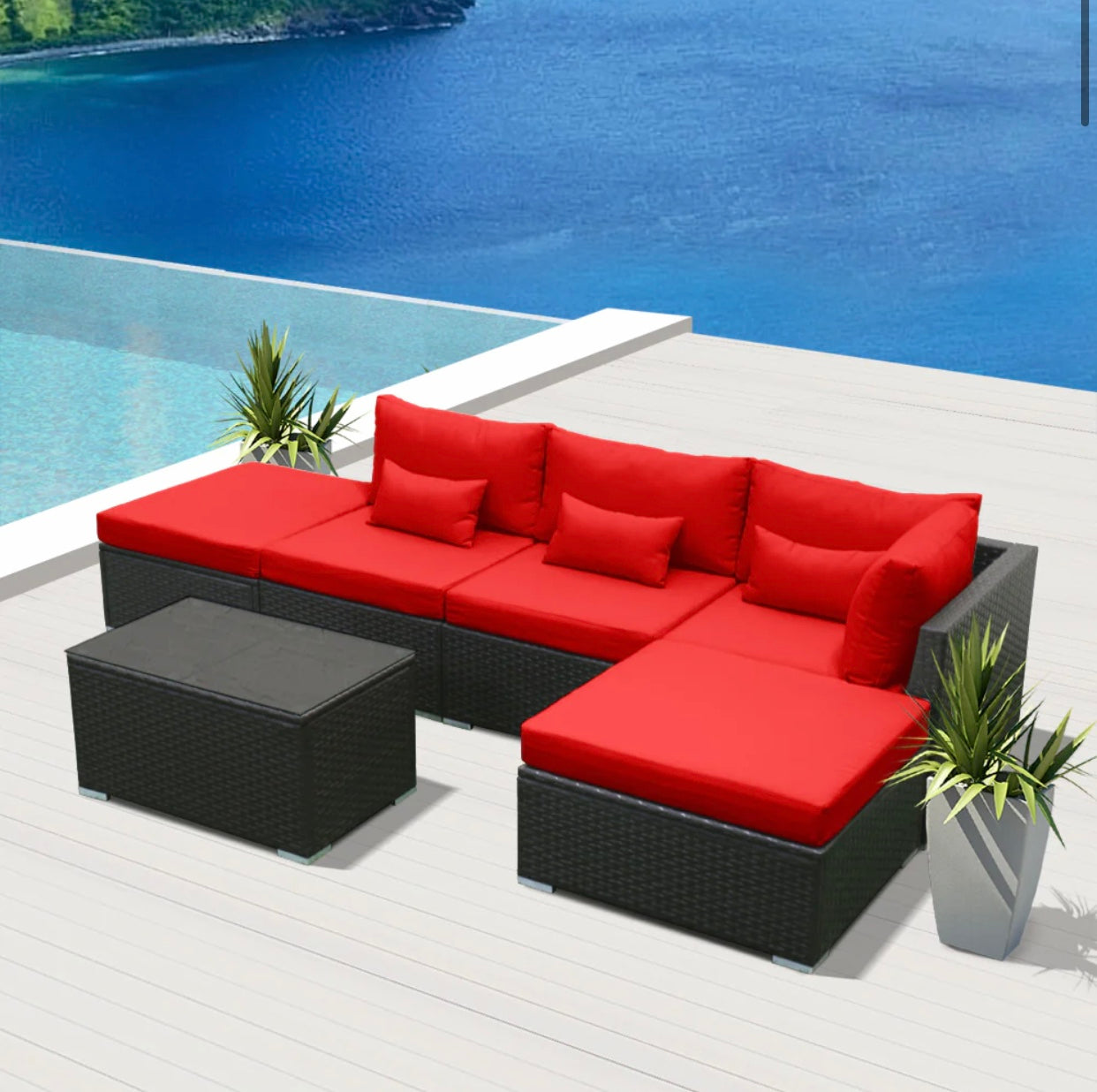 Crimson Red Rattan Outdoor Garden Furniture Sets in 6 Pieces Six